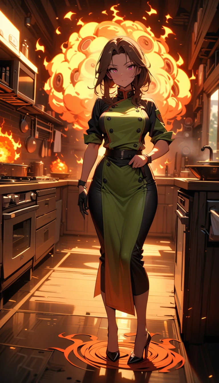 ((best quality)) , ((masterpiece)) , (detailed),1 female,(((beautiful detailed glow,((flames of war)),(((nuclear explosion behide)))))),kitchen,Female chef,High heel,((whole body))