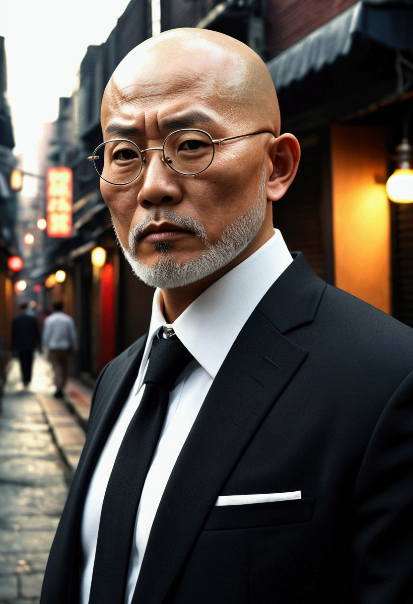 (Highest quality,4K,8k,High resolution,masterpiece:1.2),Very detailed,(Realistic,photoRealistic,photo-Realistic:1.37),anime,Skinhead,round face,Round Glasses,Middle-aged Asian man,White Beard,Black suit,black eye,Japanese sword,Grainy cityscape,Dark Alley,Mysterious Shadow,Spectacular Background,Smoke effect,Vibrant colors,Concept Artist,Moody lighting,superpower