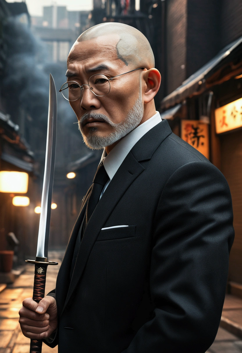(Highest quality,4K,8k,High resolution,masterpiece:1.2),Very detailed,(Realistic,photoRealistic,photo-Realistic:1.37),anime,Skinhead,round face,Round Glasses,Middle-aged Asian man,White Beard,Black suit,black eye,Japanese sword,Grainy cityscape,Dark Alley,Mysterious Shadow,Spectacular Background,Smoke effect,Vibrant colors,Concept Artist,Moody lighting,superpower