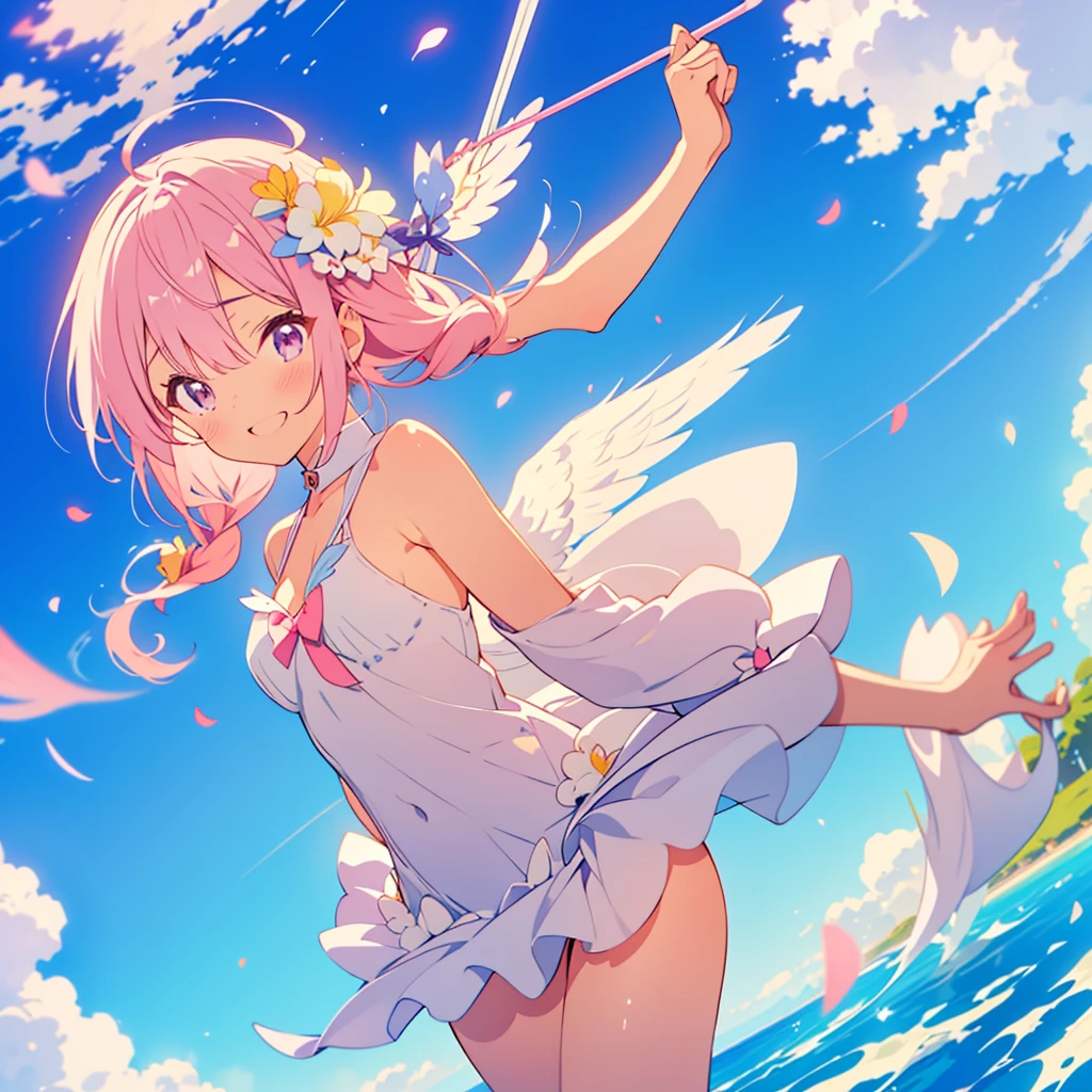 kawaii, anime, Cute, hyper quality, highly detailed, 8k, Clarity, Girl with bright pink smooth short hair, Hold cupid's bow, Detailed facial expressions, lily flower field, Close your eyes and smile, pure, kindness, trust, heart effect, angel wings on the back, heaven, draw a bow, happiness, feeling of happiness, magic effect, angel wings dance, rainbow color effect, iris effect, light atmosphere, sky temple, take off and float in the air, Halo, iris arc, Expanding perspective, Hold a heart-shaped pink bow and a magic arrow, A pose where you close your legs and jump to shoot an arrow., white lily garden, lily petals dance, heart bow and magic arrow, celestial maiden costume,