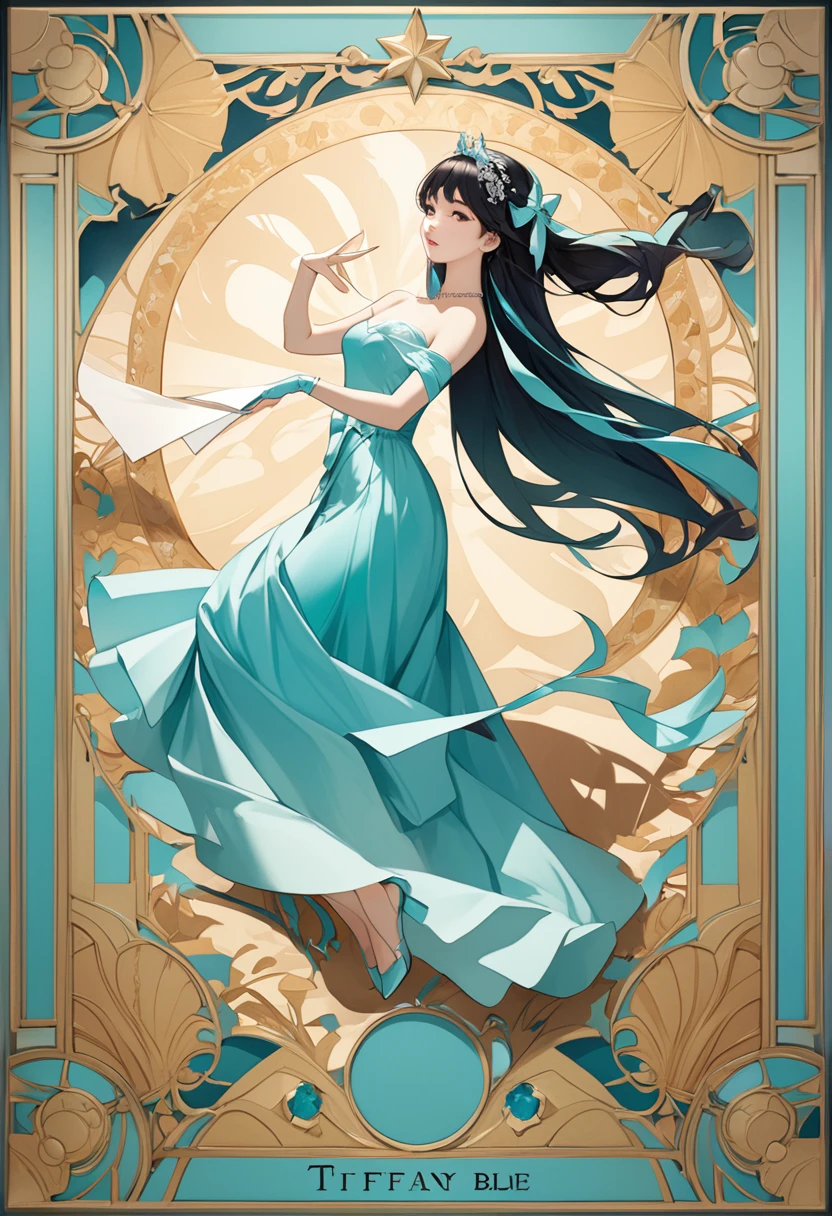 all Tiffany Blue, beautiful woman and kaleidoscope, tarot card frame design, 2.5D, delicate and dynamic, fusion of paper cutting and shadow puppetry, shading, gradation, artwork