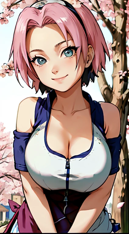 masterpiece， The best quality at the best.， 1 girl， Sakura Haruno， big breasts，Off the shoulder clothing，（neckline)，（Closeup of upper body)，Sexy servant，Is shy，smile，with pink hair， long white hair， （Green eyeballs:1.4)， forehead protection， The cherry trees，Flying cherry blossoms，Red clothes，half zipper. big tits, bare and muscular abdomen.