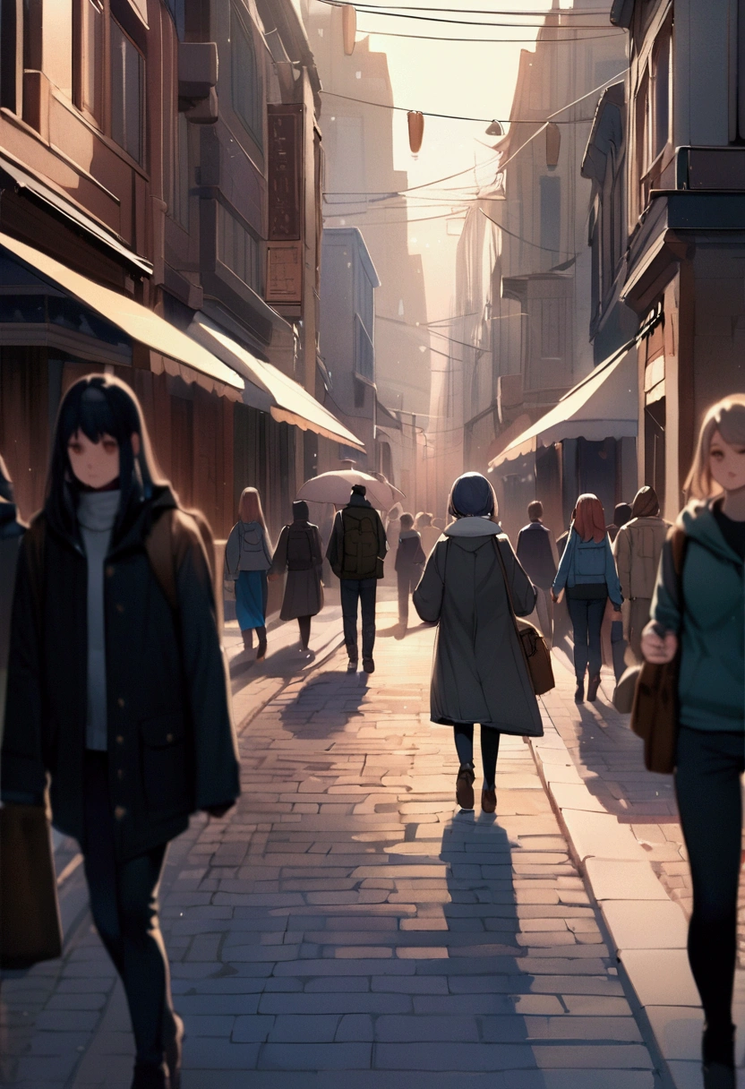 manga Frame 1 Image: Carina walking alone down the street, people passing by, but without interacting.
texto: "And life will pass like this..."