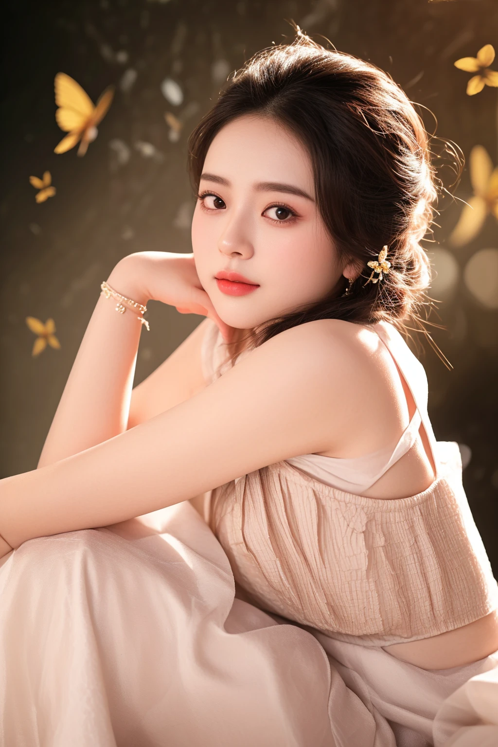 araffe woman in a dress sitting on a bed with butterflies flying around her, inspired by Huang Ji, soft portrait shot 8 k, gorgeous chinese model, inspired by Tang Yifen, chinese girl, ethereal beauty, chinese style, ruan jia beautiful!, 8k artgerm bokeh, inspired by Lan Ying, portrait shot, palace ， a girl in hanfu