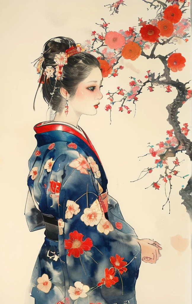 A woman in a kimono waiting for her loved one。Worried about loved ones who went to war、I can't sit still。(Watercolor)(Blurred outline)(Vibrant colors)(Very delicate lines)(masterpiece)(A fantastic atmosphere)(Very high quality)(Three-dimensional painting)The Style of Kawanabe Kyosai
