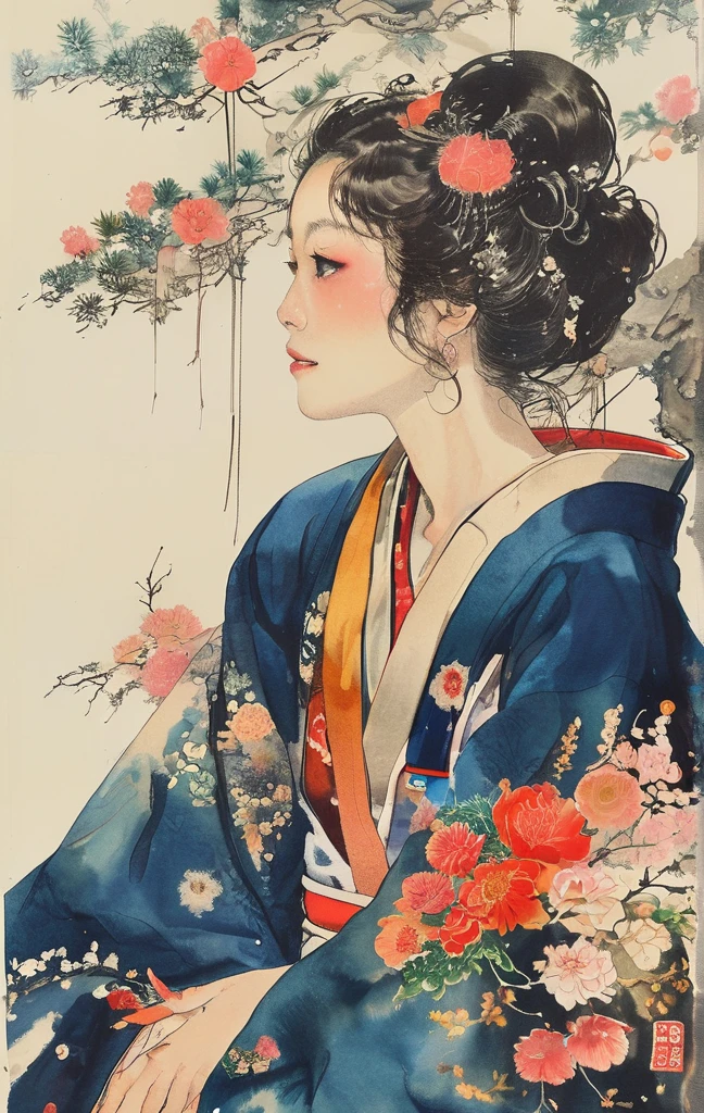 A woman in a kimono waiting for her loved one。Worried about loved ones who went to war、I can't sit still。(Watercolor)(Blurred outline)(Vibrant colors)(Very delicate lines)(masterpiece)(A fantastic atmosphere)(Very high quality)(Three-dimensional painting)The Style of Kawanabe Kyosai