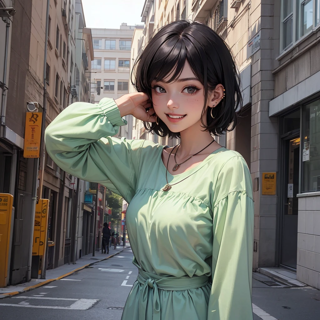 Highest quality, One Girl, (beautiful girl, smile、Beautiful teeth alignment、Black Hair、、short hair、Long sleeve blouse、ear piercing、necklace, , Face Focus、In the background is the entrance to the building.
