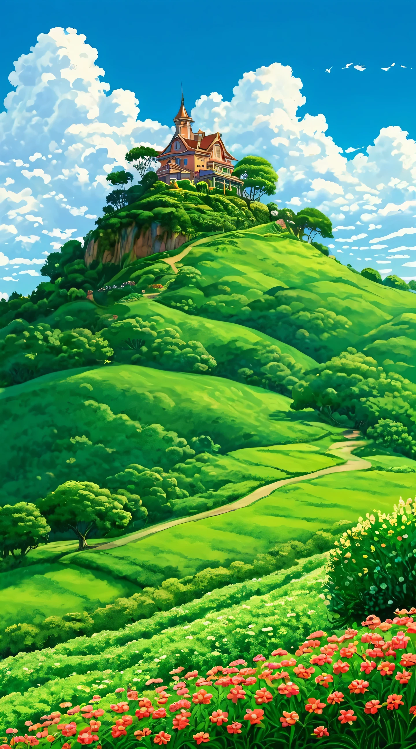 A house on a hilltop, lush green forest, rolling hills, picturesque landscape, beautiful detailed sky, fluffy cloud,tree, plant anime style, landscape, Disney World, cartoonist style landscape, anime painting, digital art, painting art,fluffy brush stroke, flower garden, hill to down,deep ,depth in image