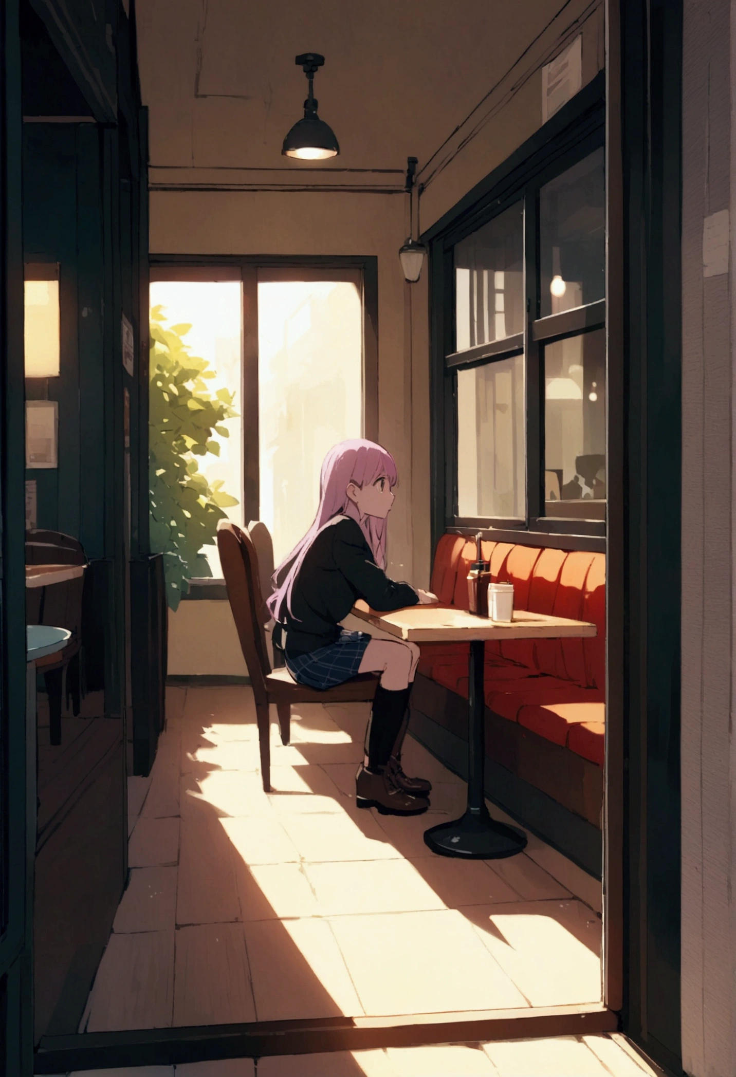 manga Image: Carina sitting alone in a cafe, looking out of the window.