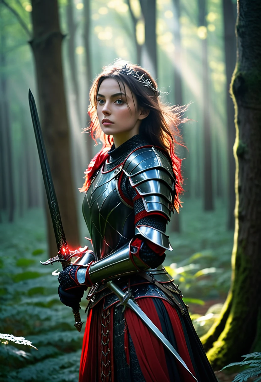 A beautiful female knight in black and red armor, upper body shot, in a mysterious forest, photorealistic style, 8k, highly detailed, sharp focus, cinematic lighting, professional photography, (masterpiece:1.2)
The knight has a dignified and beautiful expression, wielding a sword emitting magical glow. Her hair and armor are flowing in the wind, indicating the protection of wind fairies.
Misty forest background with dappled sunlight filtering through the trees. Fairy lights scattered in the air, creating a mystical atmosphere.
Vivid colors, dramatic lighting, perfect composition, intricate details in the armor and sword.
(low quality, blurry, pixelated, deformed features:1.3)