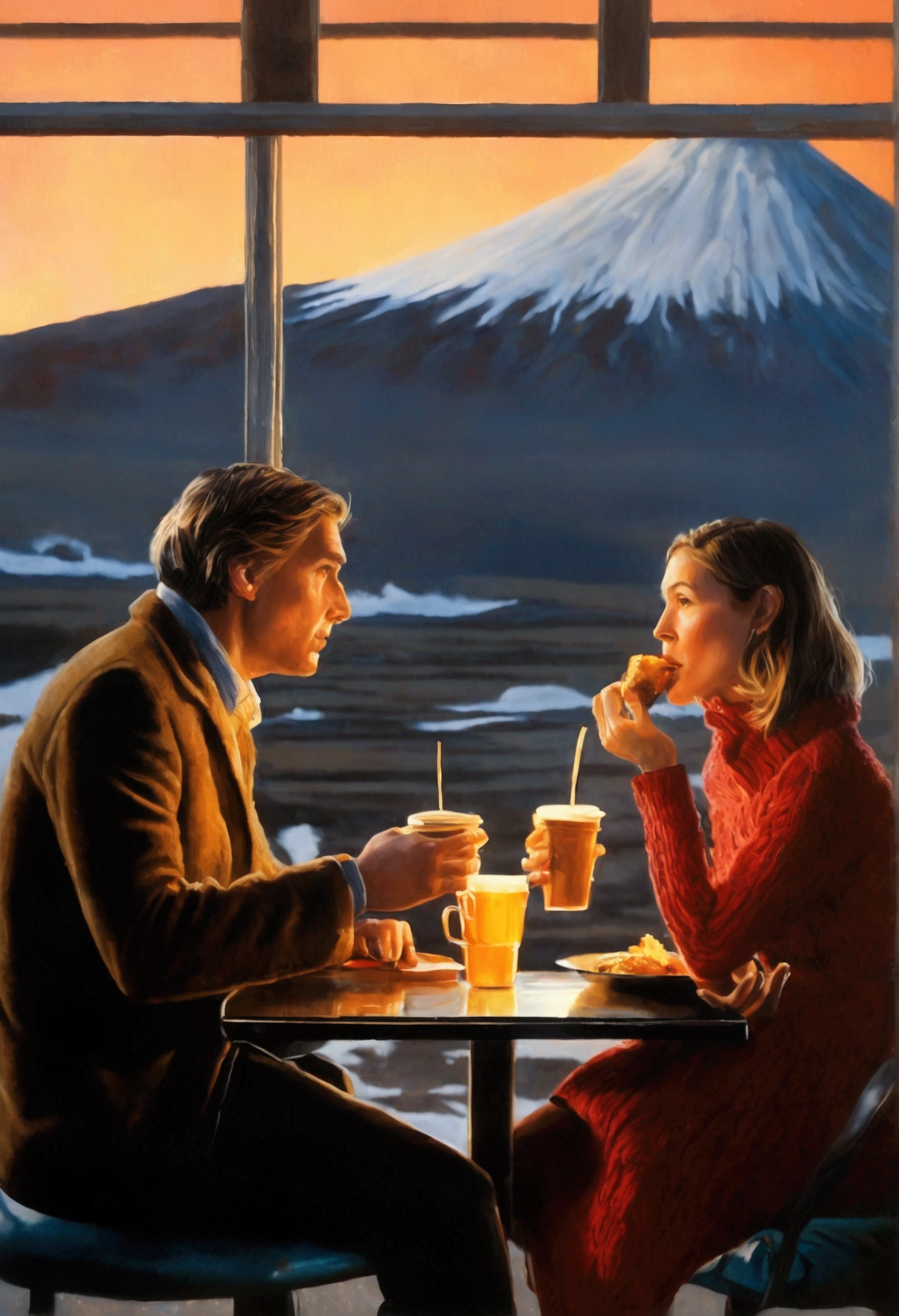 photorealism, studio photograph of a man and a woman in an Icelandic cafe, cups of coffee, a cheeseburger, against the backdrop of a volcano filled with evening light, reflections of lights, a masterpiece of the best French photographers