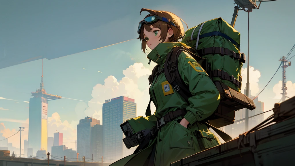 Tokyo, abandoned and green in the year 2200. A finely drawn background. A beautiful 30-year-old woman wearing goggles and carrying a backpack.