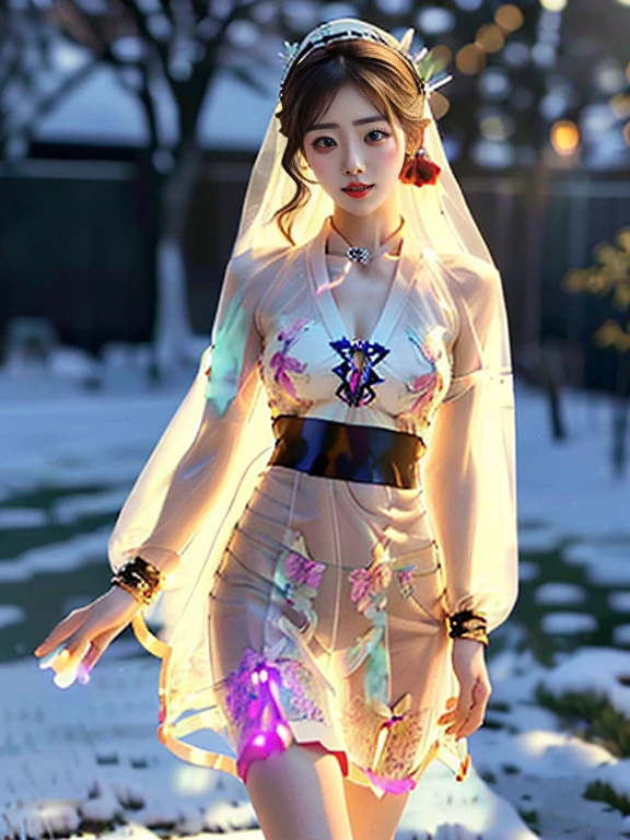 A Chinese female racing model,((night),(moonlight),(Fall),(Snow Scene)), (8K Ultra HD, Digital SLR Camera, Soft Light, high quality, Volumetric Lighting, frank, photo, high resolution, 4K, 8K, Bokeh), ((Create stunning images of real girls), warm light, Dynamic poses, Elegant Posture, Cowboy lens, Full body front view, From the front，Be confident, Body facing the camera, Standing facing the camera, Open your legs slightly, Golden Ratio Graphics, Minimalism), (Show a charming smile, Willow Leaf Eyebrows, big eyes, Apricot eye prick, Cherry Blossom, Balanced Eyes, Oval face, Pretty Face, Normal facial features, Skin is transparent and visible, Thin skin and tender meat, Slim body, cosmetic, earrings, bracelet, necklace, Jewelry, veil, Hair accessories, Headdress), (Brown hair, Wavy curly hairstyle, Waist-length hair, Messy Hairstyle, Gradient hairstyles, Cyberpunk hairstyle), ((Transparent clothes：1.5), (The color of the clothes:White), Transparent Clothes, See-through clothes, Transparent Clothes, Tulle clothes, Mesh clothes, Transparent flowing clothes, Transparent silk underwear, Transparent yukata), (Sexy, Perfect breast shape, Teardrop chest shape, Snow-white breasts, very detailed breasts, 34E cup), (Super high waist,(Camel toe, High fork strangulation)), (sock, Knee socks, 吊garter, Leg ring, garter, 腿部garter)