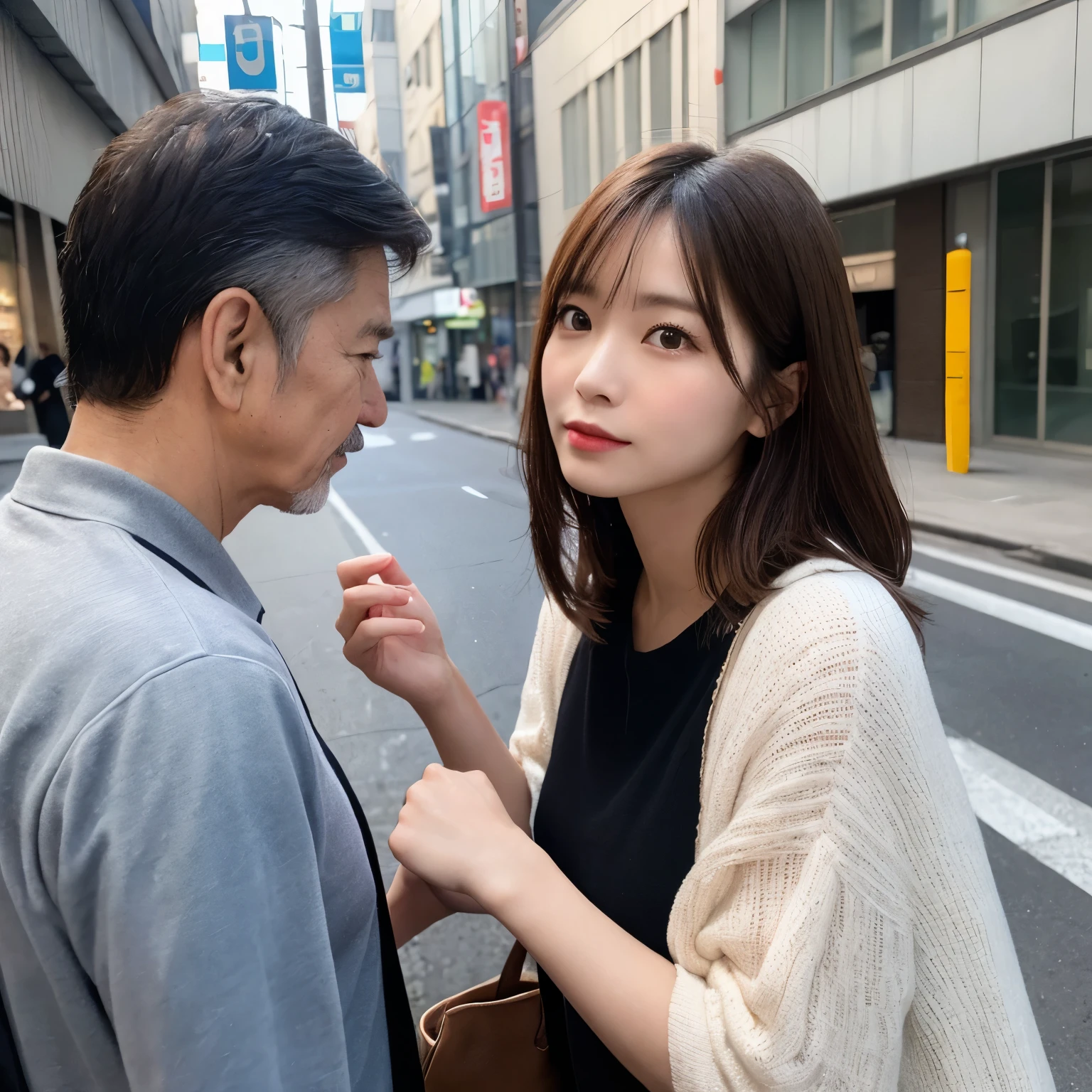 man in his 50's、young woman