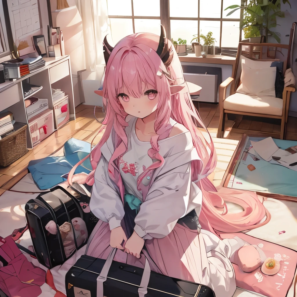 An anime-style illustration of ‘Fua-chan’ preparing for a trip. Fua-chan has distinctive features: long pink hair styled in soft curls resembling sheep’s horns, and pink eyes. She is depicted packing a suitcase with clothes, travel accessories, and essentials, with a cheerful and excited expression. She is wearing casual, comfortable travel clothes, and the room is filled with items like a map, a travel guidebook, and other packing necessities. The background shows a cozy and well-organized bedroom, creating a lively and anticipatory atmosphere as she gets ready for her journey.