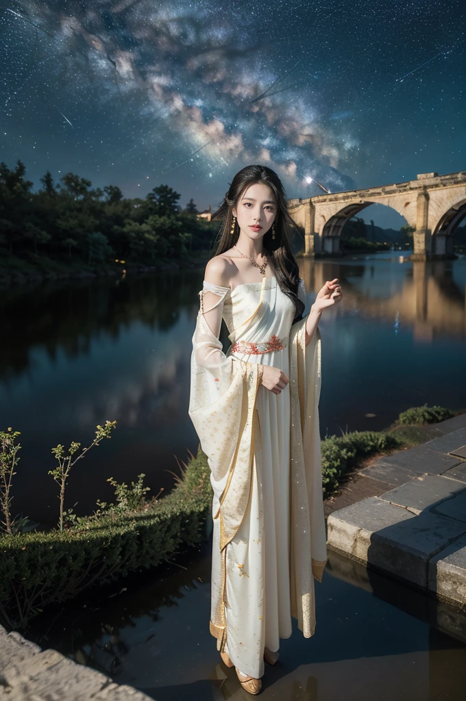 (((best quality))),(((ultra detailed))),(((masterpiece))),illustration,((1 beautiful girl,solo)),(shoulder length straight hair:1.2),((earrings,necklace)),((slim,thin)),((small breasts,flat chest)),(gorgeous see through red sheer Hanfu:1.3),(slender legs:1.2),(standing:1.3),(on the stone arch bridge:1.3),((starry sky,the Milky Way,horizon)),elegance, grace, sophisticated updo, delicate hairpins, twinkling stars, radiant smile, bright eyes, wonder, beauty of the night sky, intricate patterns, flowers, birds, vibrant colors, ethereal, enchanting, old bridge, weathered, sturdy, natural surroundings, serene, peaceful atmosphere, rippling water, stars, graceful silhouette, magic, tranquility, twinkling stars, mesmerizing canopy of light, cool air, crisp, faint scent of blooming flowers, contemplation, admiration, ancient China, timeless, rich culture, traditions, captivating, enchanting atmosphere, myth, legend,((from front,full body))