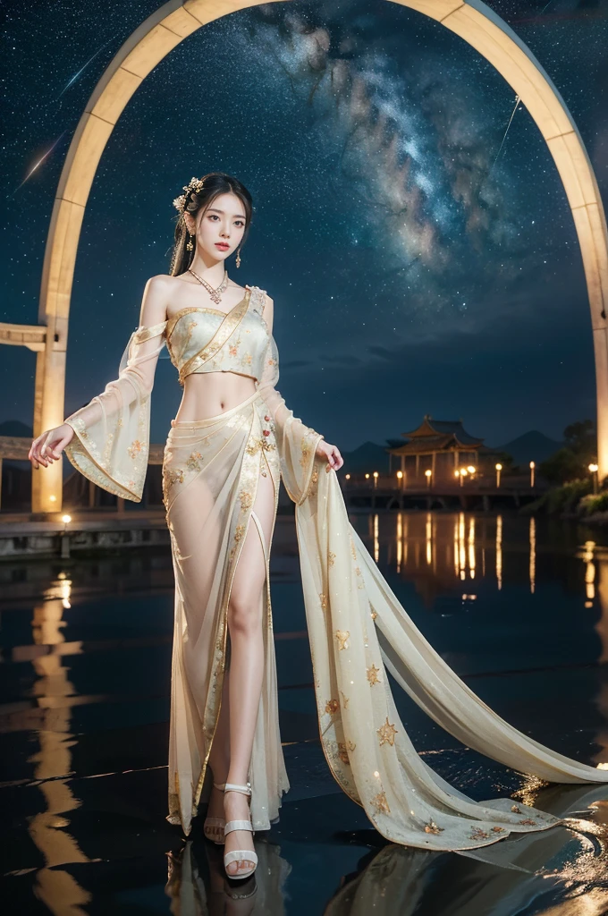 (((best quality))),(((ultra detailed))),(((masterpiece))),illustration,((1 beautiful girl,solo)),(shoulder length straight hair:1.2),((earrings,necklace)),((slim,thin)),((small breasts,flat chest)),(gorgeous see through red sheer Hanfu:1.3),(slender legs:1.2),(standing:1.3),(on the stone arch bridge:1.3),((starry sky,the Milky Way,horizon)),elegance, grace, sophisticated updo, delicate hairpins, twinkling stars, radiant smile, bright eyes, wonder, beauty of the night sky, intricate patterns, flowers, birds, vibrant colors, ethereal, enchanting, old bridge, weathered, sturdy, natural surroundings, serene, peaceful atmosphere, rippling water, stars, graceful silhouette, magic, tranquility, twinkling stars, mesmerizing canopy of light, cool air, crisp, faint scent of blooming flowers, contemplation, admiration, ancient China, timeless, rich culture, traditions, captivating, enchanting atmosphere, myth, legend,((from front,full body))