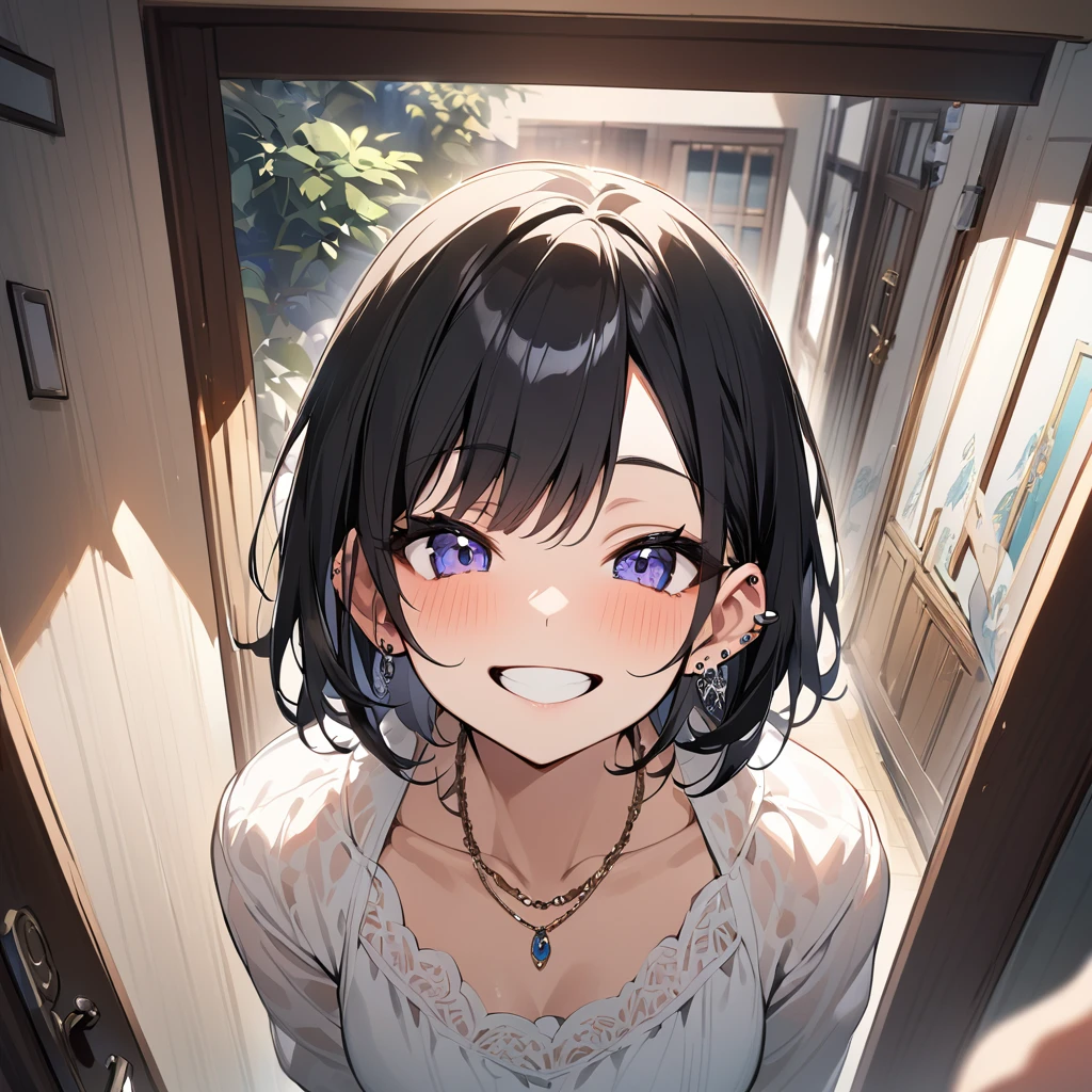 Highest quality, One Girl, (beautiful girl, smile、Beautiful teeth alignment、Black Hair、、short hair、Long sleeve blouse、ear piercing、necklace, , Face Focus、In the background is the entrance to the building.