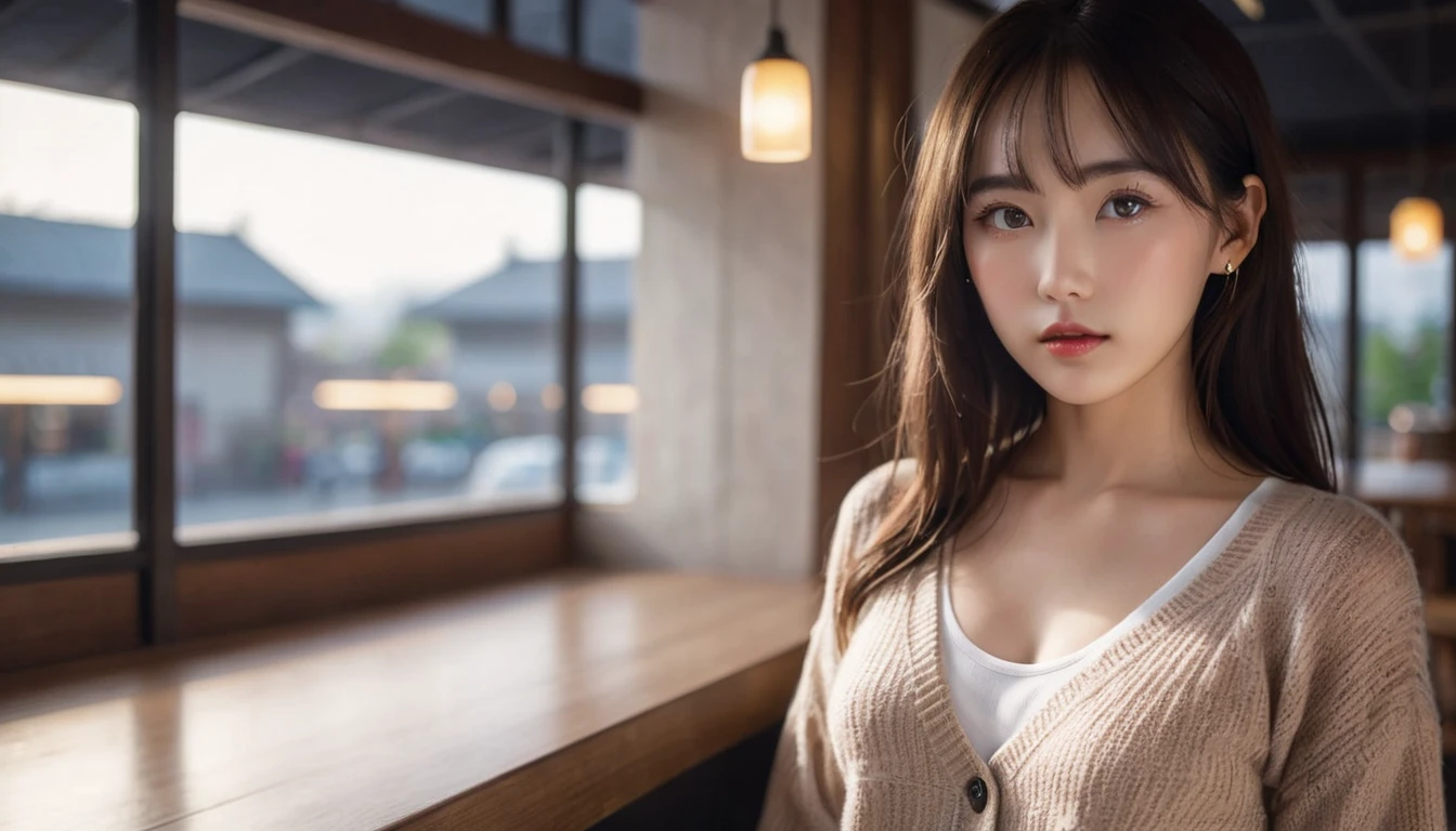 8k, masterpiece, RAW Photos, Highest quality, Realistic, extremely detailed CG unity 8k wallpaper, Cinematic Light, Lens flare, Ray Tracing, (Very beautiful face, Beautiful Lips, Beautiful Eyes, Big eyes), ((Highly detailed skin)) 1 girl, Deep Shadow, Beautiful Japanese Woman, 1 girl, (Very slim, Toned, muscular body:1.2),Serious expression, (morning, (Blurred Background), Pale Light),indoor, (No people in the background:1.3), Beautiful earrings, bracelet, necklace, Clear Eyes, iris, Inside the cafe,Drink coffee,Looking out the window, Full Body Shot,Knitted cardigans