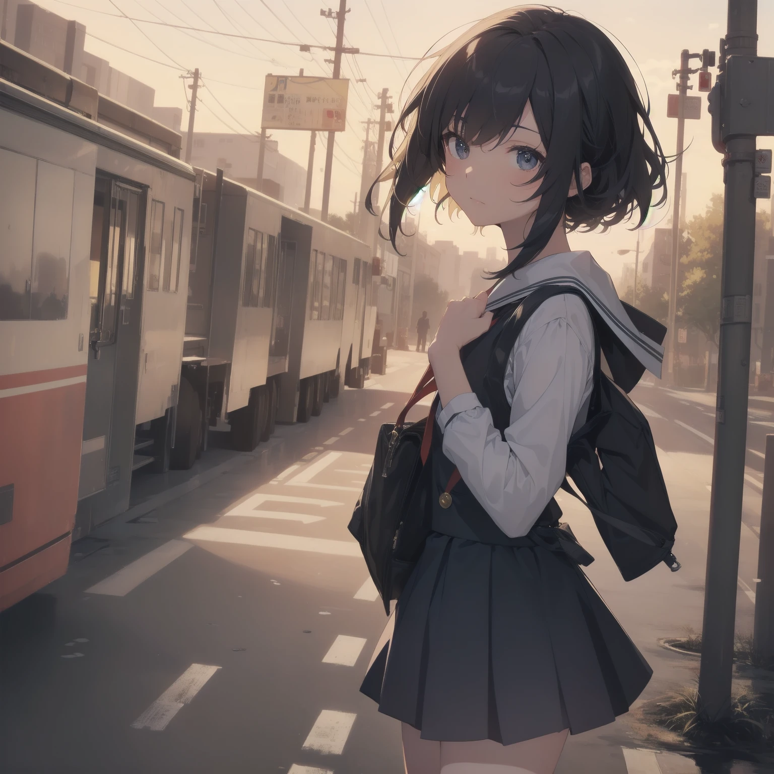 ultra-absurdres-Top quality by artist God, ultra-detailed, high resolution, anime moe artstyle, best anime 8k konachan wallpaper, pixiv contest winner, pool:2810, perfect anatomy,break, 1girl, (Please draw a girl walking sleepily to school alone. )break,(Solo,little female, 13-year-old:1.3),Full limbs, complete fingers,a junior high school student, (very short hair), short cut, flat chest, , small butt, small black eyes, beautiful detailed eyes, well-proportioned iris and pupils, expressive eyes, highres detailed hair, soft expression, salor school_uniform, sailor collar, serahuku, bow, pleated skirt,(Detailed Lighting), (Detailed background), in the School commute route. break,super detailed skin, Best cinematic lighting powered by famous artist, 8k,beauty illustration,photoshop_(medium),very aesthetic,break,((artist:minami_(colorful_palette) )), artist:clamp ,artist:carnelian ,artist:kantoku ,