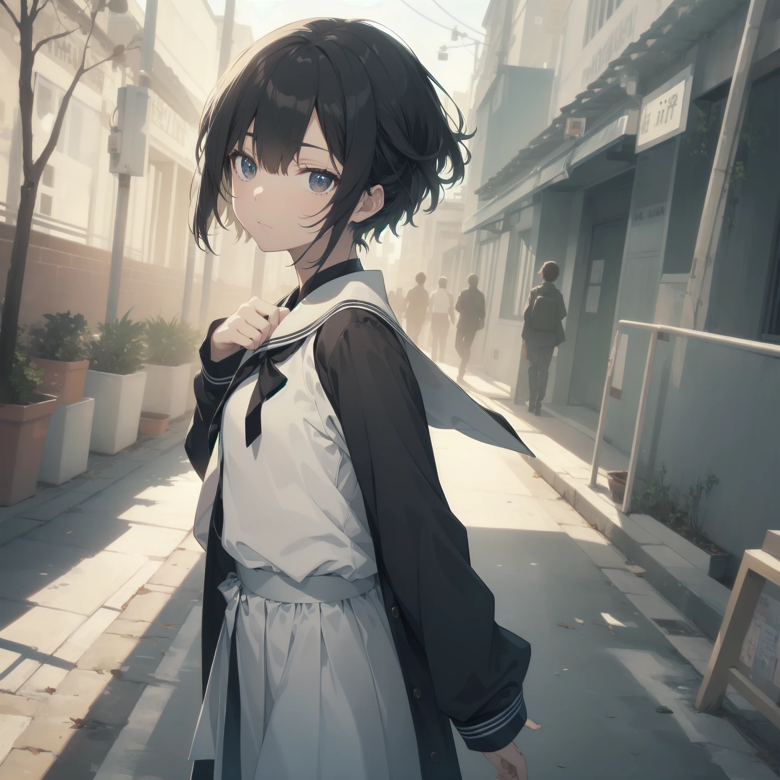 ultra-absurdres-Top quality by artist God, ultra-detailed, high resolution, anime moe artstyle, best anime 8k konachan wallpaper, pixiv contest winner, pool:2810, perfect anatomy,break, 1girl, (Please draw a girl walking sleepily to school alone. )break,(Solo,little female, 13-year-old:1.3),Full limbs, complete fingers,a junior high school student, (very short hair), short cut, flat chest, , small butt, small black eyes, beautiful detailed eyes, well-proportioned iris and pupils, expressive eyes, highres detailed hair, soft expression, salor school_uniform, sailor collar, serahuku, bow, pleated skirt,(Detailed Lighting), (Detailed background), in the School commute route. break,super detailed skin, Best cinematic lighting powered by famous artist, 8k,beauty illustration,photoshop_(medium),very aesthetic,break,((artist:minami_(colorful_palette) )), artist:clamp ,artist:carnelian ,artist:kantoku ,