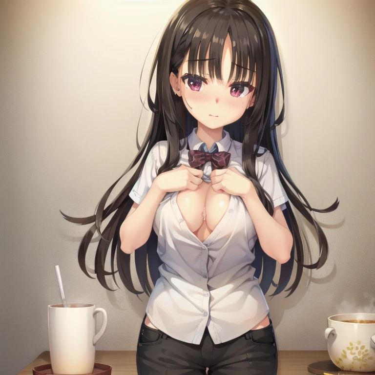(Tabletop:1.0), (highest quality:1.4), (High resolution:1.2), From the side,Sharp contours, boyish, highest quality, masterpiece,Glasses,Voice of the Heart,20-year-old woman,yandere,Big Breasts,Chest to chest,Upper Body,Ecstasy,blush,Squint your eyes,Tuck up your clothes,lure, ninja