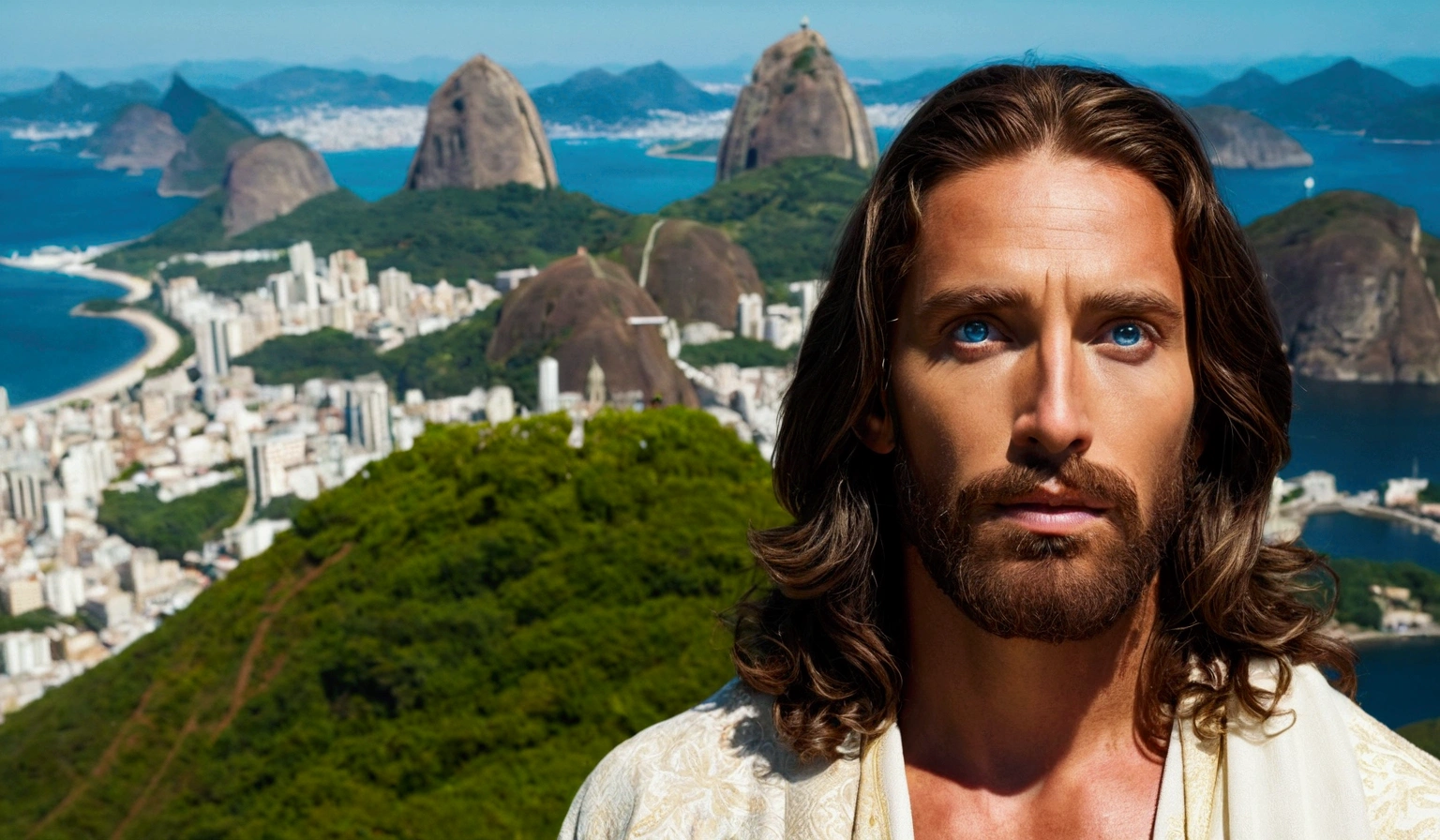 Portrait of a handsome man, Jesus Christ, with true blue eyes, on a sunny day, in various real world landscape, with intricate details. full body, serious face, Jesus the Lord preaching to the people, {generates lots of photos with different landscapes}