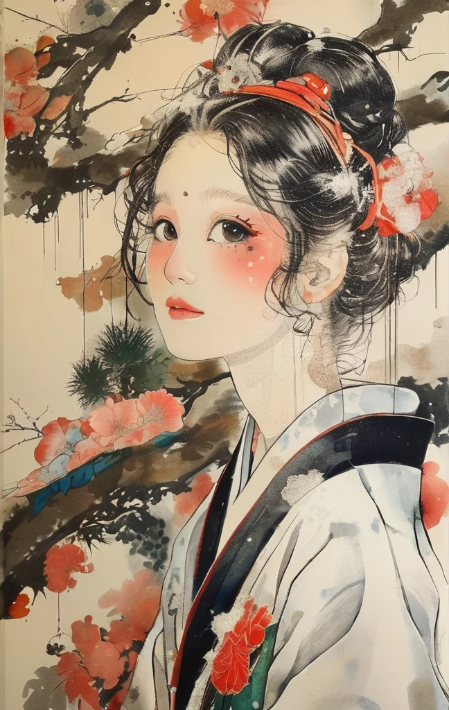 A woman in a kimono、Simple Background、Sympathy（Watercolor）（Blurred outline）（Vibrant colors）（Very delicate lines）（masterpiece）（A fantastic atmosphere）（Very high quality）（Three-dimensional painting）The Style of Kawanabe Kyosai