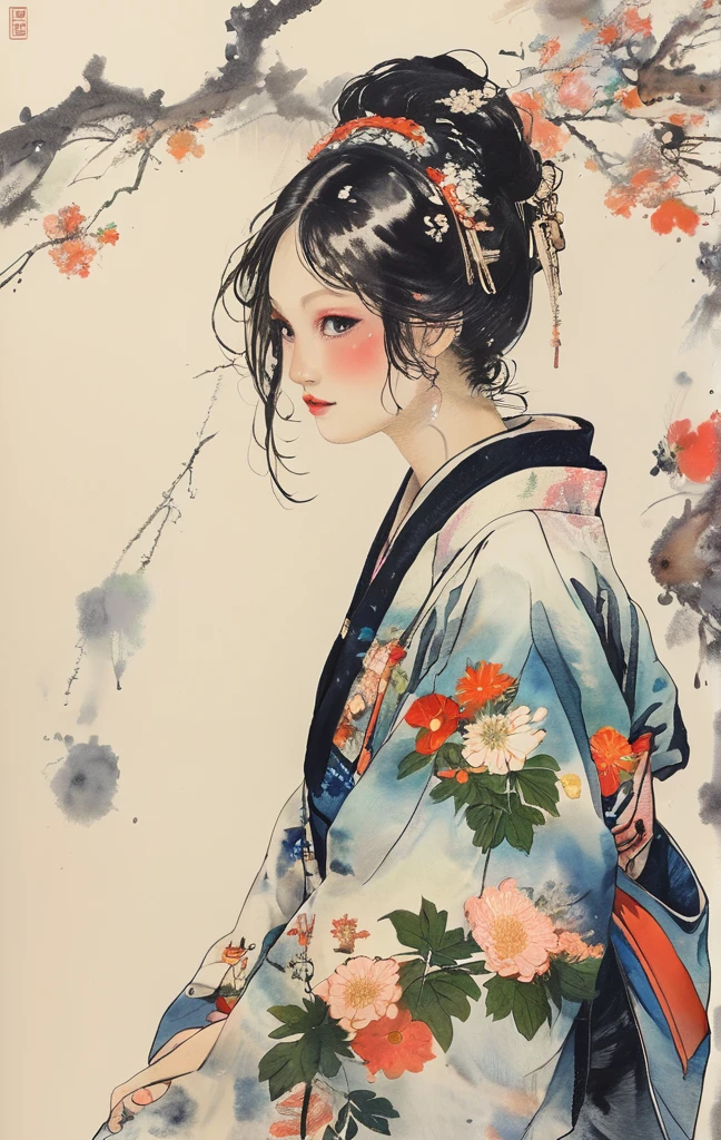 A woman in a kimono、Simple Background、Sympathy(Watercolor)(Blurred outline)(Vibrant colors)(Very delicate lines)(masterpiece)(A fantastic atmosphere)(Very high quality)(Three-dimensional painting)The Style of Kawanabe Kyosai