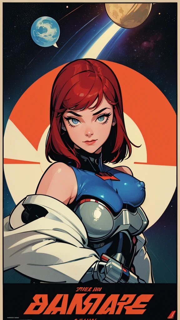 ((masterpiece, Highest quality)), 32K Wallpapers, Very detailed, posters, Vintage science fiction, 1960s,(((space thriller cinematic movie posters))), (Bauhaus), shape,Abstract, Midcentury Modern, movie posters, Vintage, A woman fused with a robot,アニメ,1970s,Halftone,Speech bubble,Milky Way,(superhero),((portfolio,close)),Cyborg of the Future,Combination of machine and woman,Space,Cyborg Lady,Big Breasts,Erect nipples,