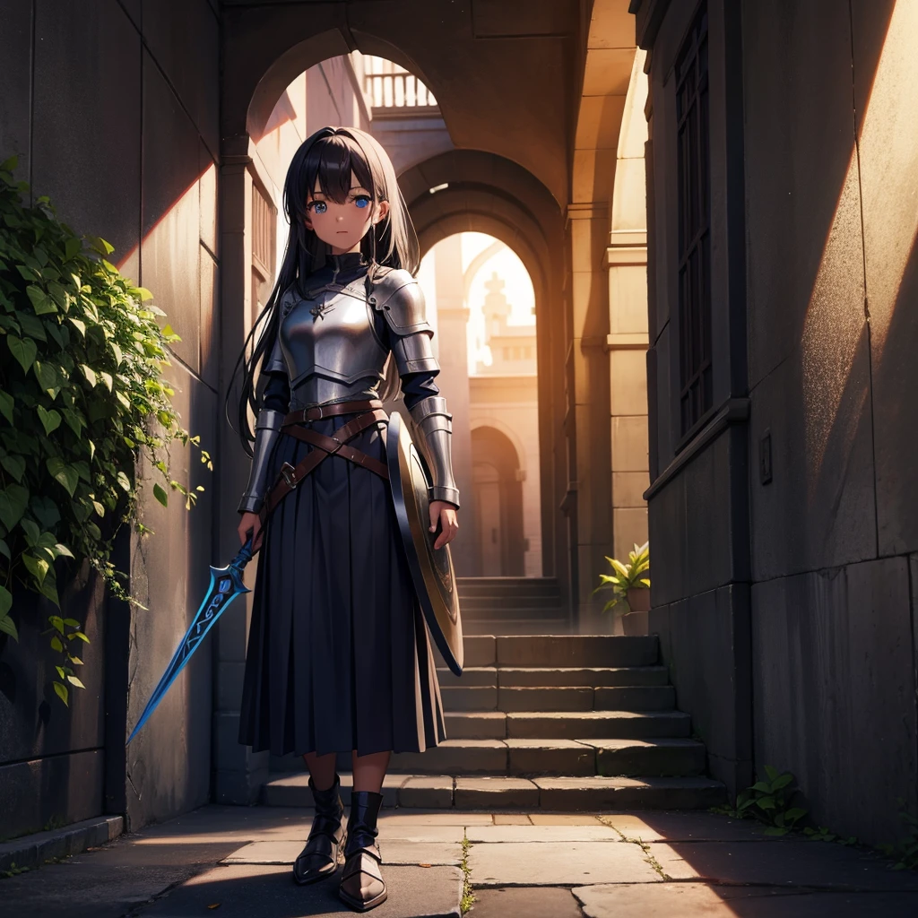 最high quality、high quality、、Girl Adventurer、Climb the maze stairs、Leather Armor、Long skirt、Equipped with a dagger and a shield、