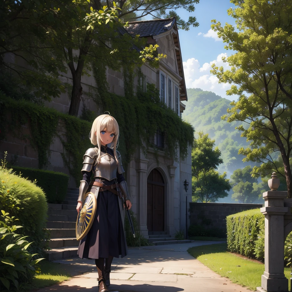 最high quality、high quality、、Girl Adventurer、Climb the maze stairs、Leather Armor、Long skirt、Equipped with a dagger and a shield、