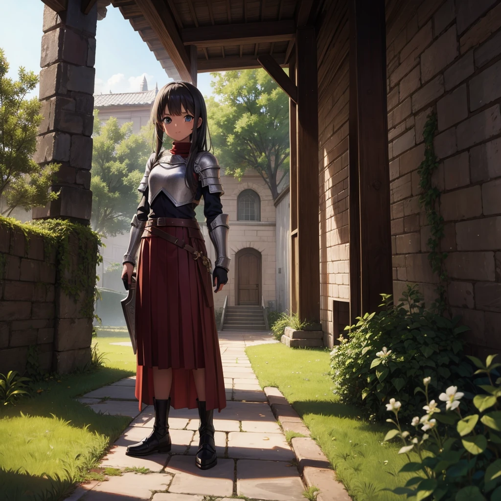 最high quality、high quality、、Girl Adventurer、Climb the maze stairs、Leather Armor、Long skirt、Equipped with a dagger and a shield、