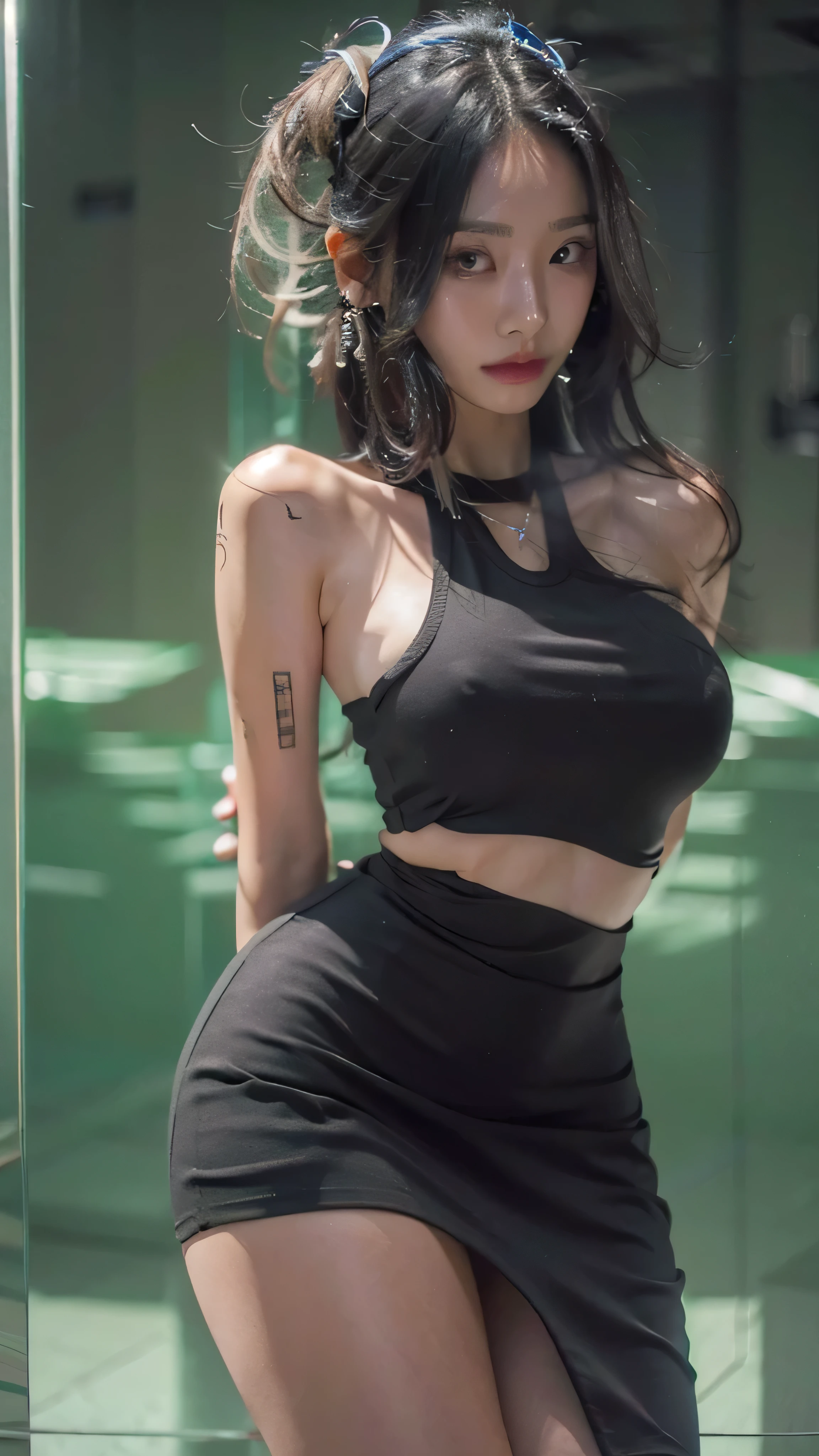 RAW photo, extremely delicate and beautiful, masterpiece, Best Quality, ultra high resolution, 32k, hyperrealistic, ultra-detailed, in her 20s, delicate facial features, tearful mole, earring, big breasts, full body shot, shorter middle hair, black hair, (((3 girls))), short pencil skirt, black shirt, collared dress shirt, sleeveless, best quality, ultra high res, (photorealistic:1.4), pretty girl, tanktop black shirt, black tight skirt, black choker, (faded ash gray hair:1), medium breasts, looking at viewer, closeup, (pretty face) , southeast asia girl, (RAW photo, best quality,high quality,highres), (realistic, photo-realistic), ultra-detailed,(front lighting)