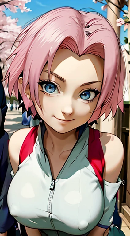 masterpiece, The best quality at the best., 1 girl, Sakura Haruno, big breasts,Off the shoulder clothing,(neckline),(Closeup of upper body),Sexy servant,Is shy,smile,with pink hair, long white hair, (Green eyeballs:1.4), forehead protection, The cherry trees,Flying cherry blossoms,Red clothes,half zipper. big tits, bare and muscular abdomen.