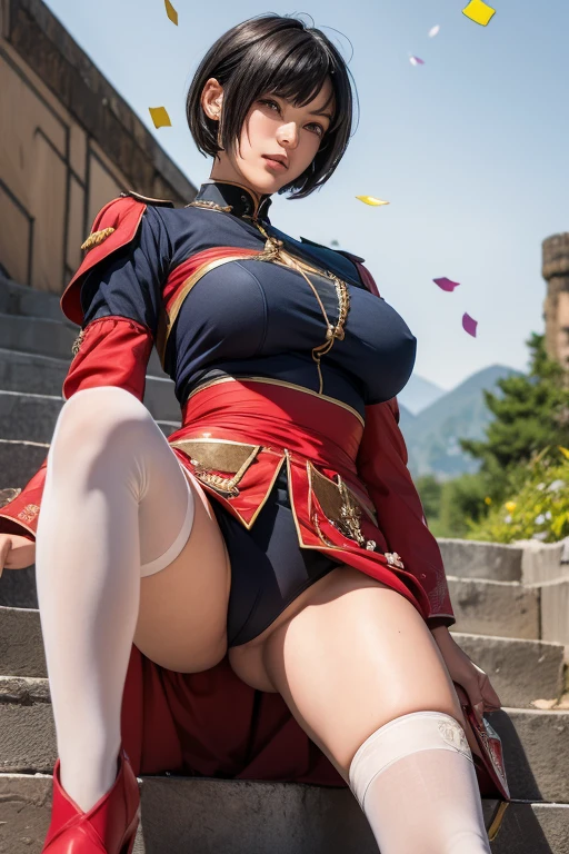 Highest quality, Official Art, masterpiece, Fabric Shading, High resolution, Very detailed, colorful, Best details, Fantasy, Combat Uniform:1.5, 1 female, Age 25, Black Hair, short hair, Up Bang Hair, One Length, Standing on the stairs, A castle town with an old castle view, sunny, Random Hair, Large Breasts, skinny, Surrounded by many people:1.9, Confetti falling, Blessed, welcome:1.5, Camel Toe:1.3, Ground level shot:,No stockings,mini skirt,sqatting, spread legs,