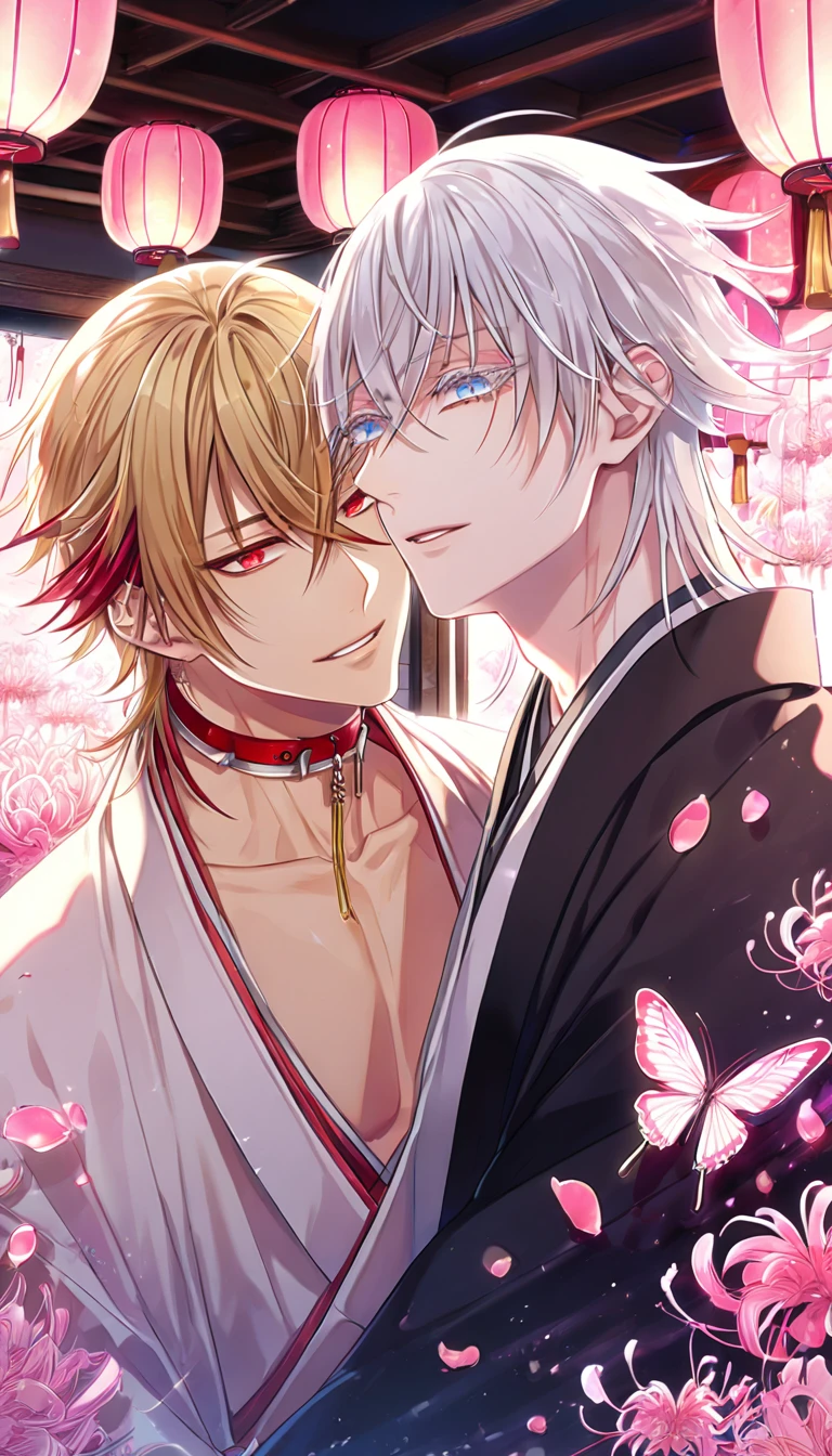 absurd resolution, high resolution, ultra detailed, detailed eyes, extremely detailed, HDR, 8K, Kazama Chikage, honey blonde hair, expressive red eyes, Hakuouki,Tsurumaru, white hair,expressive blue eyes, white eyelashes, two sexy men together, yaoi, gay couple, handsome, black haori, white kimono, red collar, fantasy, cool, magical, pink glittering butterflies, pink dust flying around, pink spider lilies, pink petals, pink lanterns, Japanese ambiance, indoors