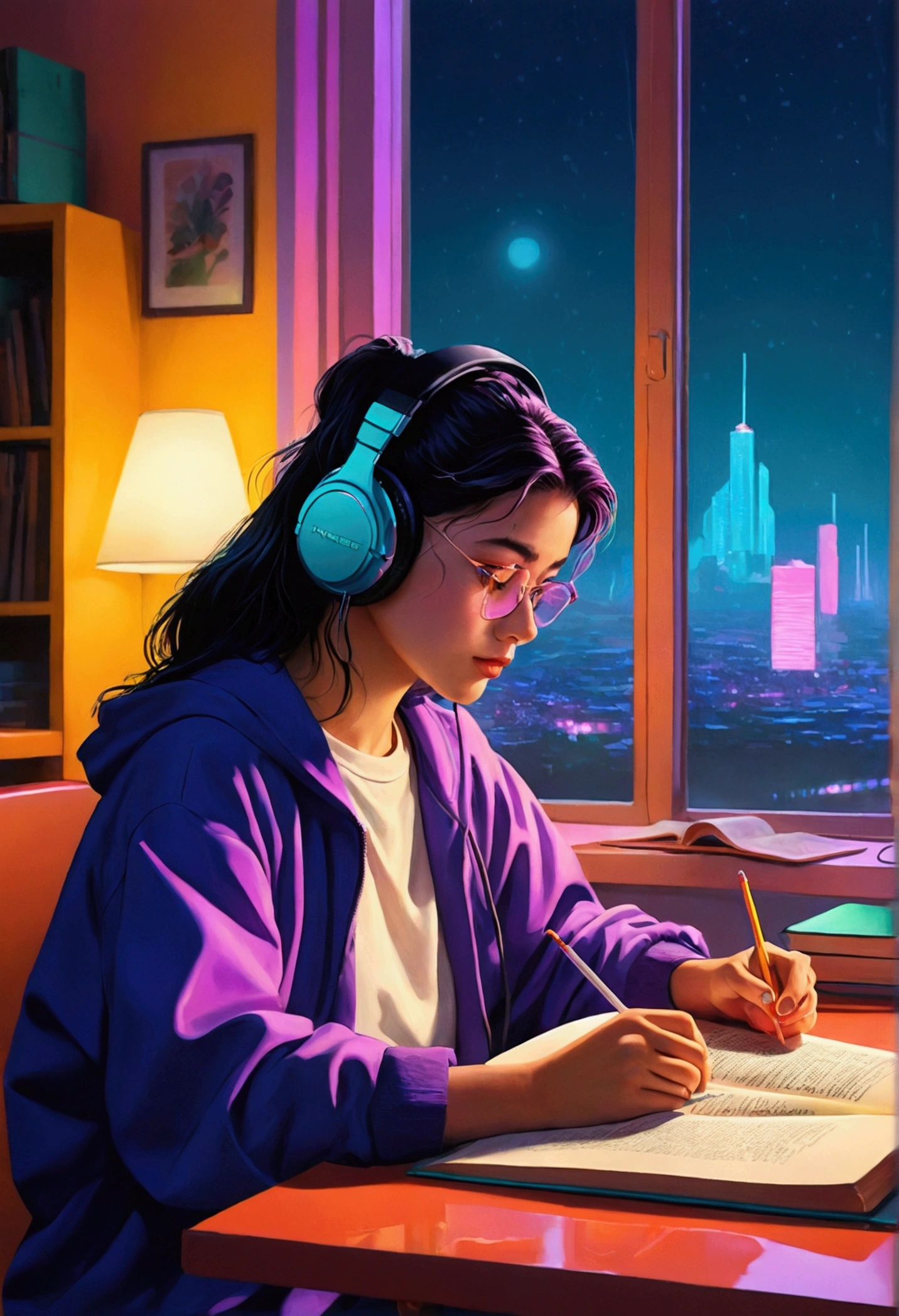 (zero),16:10, Girl studying at table, Reading a book, Wear headphones, , night lighting, Neon scenery on a rainy day,Analog Color Theme, Lo-fi hip hop , review, flat, 2.5D ,Draw a line, Ink painting, Large slope, Watercolor, Goosh Colors, Studio Ghibli Style, Great colorful, Outerton, Synthwave, Lofi Art,90s Style,Old Texture, amplitude,90s vibe, Tabletop, Great technology