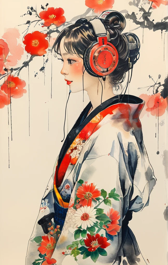 A woman in a kimono、Simple Background、Listen to music、Headphones(Watercolor)(Blurred outline)(Vibrant colors)(Very delicate lines)(masterpiece)(A fantastic atmosphere)(Very high quality)(Three-dimensional painting)The Style of Kawanabe Kyosai