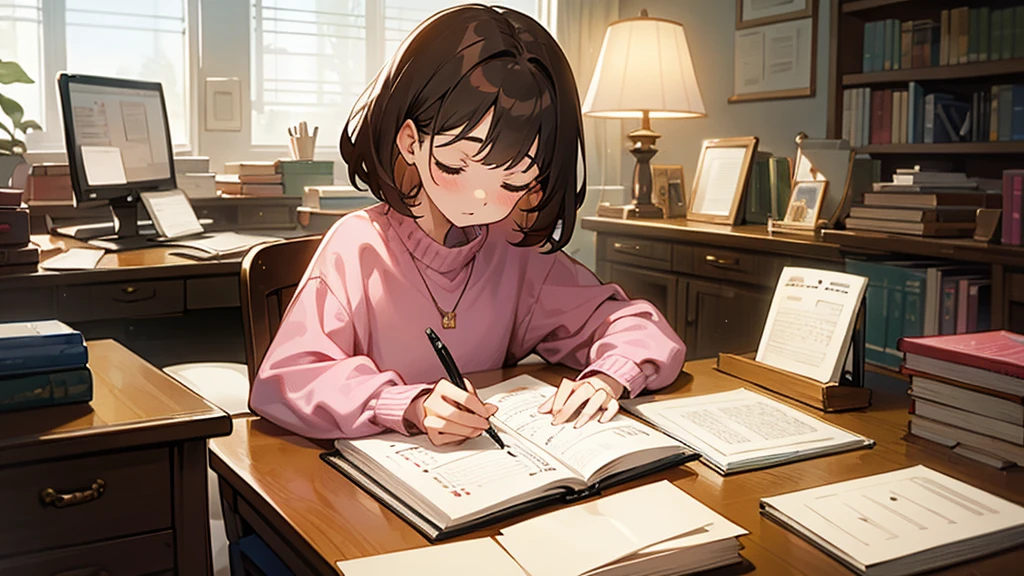 An animated scene of a young person studying diligently at a cluttered desk. The sleeping girl, with short brown hair and wearing a pink sweater, is writing in a notebook with intense focus, holding a pen in one hand and a piece of paper in their mouth. The desk is filled with books, papers, and a desk lamp, and a calendar is visible on the wall behind. Shelves filled with more books and various items can be seen in the background, creating a studious and hardworking atmosphere.