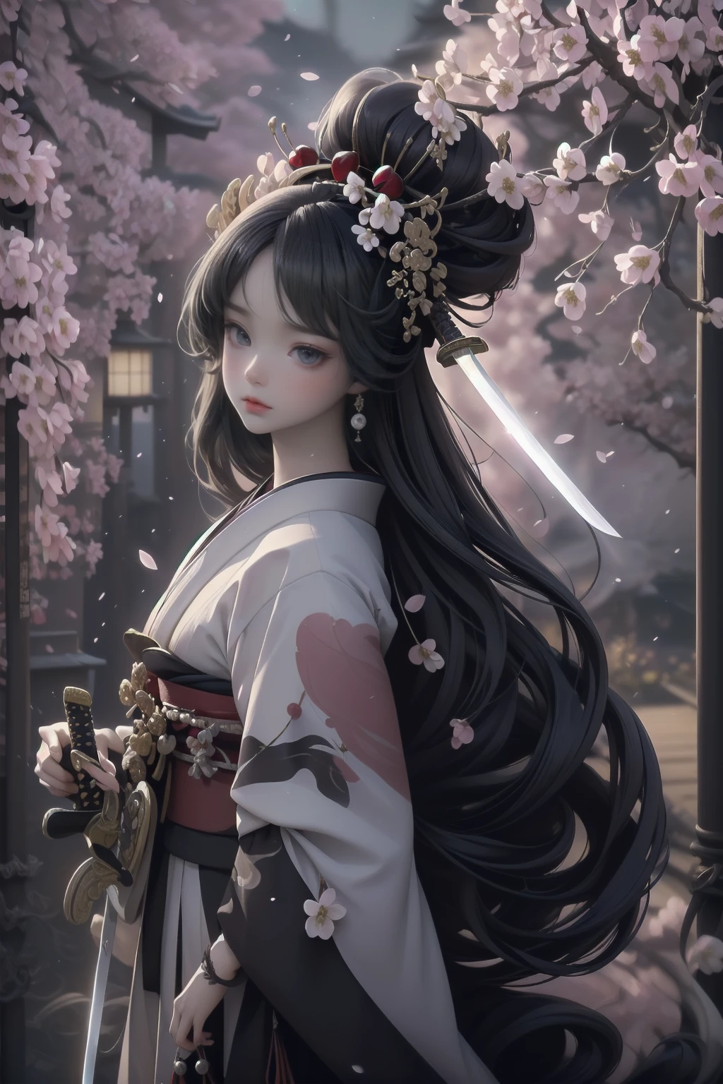 (Packed with award-winning masterpieces, Very detailed, Texture and maximum detail), (hyper Realistic:1.4), (Realistic:1.3),  (Upper body close-up:0.2), Looking diagonally from the front,slightly sideways, (transparent strangely white skin with the highest quality Realistic texture), (She is holding a straight Japanese sword with mysterious light and intricate decorations.: 1.8), (Sword wielding geisha warrior: 1.8), (Five perfect, beautiful fingers: 1.4), (Japanese folk tale geisha warrior: 1.8), (Beautiful long black hair blowing in the wind (Beautiful long black hair blowing in the wind:1.8), (Beautiful Japanese Geisha hairstyle:1.8), (Her hair is decorated with many hairpins., Japanese hair ornaments:1.4), (Wear a decadent and luxurious Japanese kimono:1.8), (She smiled with blood red lips.:1.7), (The precise circular symmetry of her Japanese black eyes), (A deep and breathtakingly beautiful face: 1.6), (Aesthetic and decadent image: 1.8), (Pale but white skin and face: 1.6), (Wearing luxurious and intricately crafted accessories: 1.8), (Bright bioluminescent black eyes: 1.7), (Fallen Beauty 1.8), (Black eyes with an intense black light emanating from within: 1.7), (Less exposed skin: 1.5), (Strong moonlight overhead: 1.7), ((Dramatic Photos)), ((Cinematic light)), (look up), (Looking down), (Dramatic Pose ), (Smoke effects and mesmerizing lights:1.4), Beautiful white hair, Beautiful silver hair, (Cherry tree:1.8), Wind effects, (Cherry blossom petals fluttering in the wind:0.8), (Lightning flashes in the sky:0.8), wind and rain, (Drifting purple smoke:1.3), (Dark Night, Full moon night, Crescent Moon), epic Realistic, Faded, ((Neutral Colors )), art, (High resolution:1.5), (Calm colors:1.2), Very detailed, (art station:1.5), Cinematic, Warm Light, Light effects, Dramatic Light, (Intricate details:1.1), Complex background, (Greg Rutkowski:0.8), (blue green and orange:0.4)