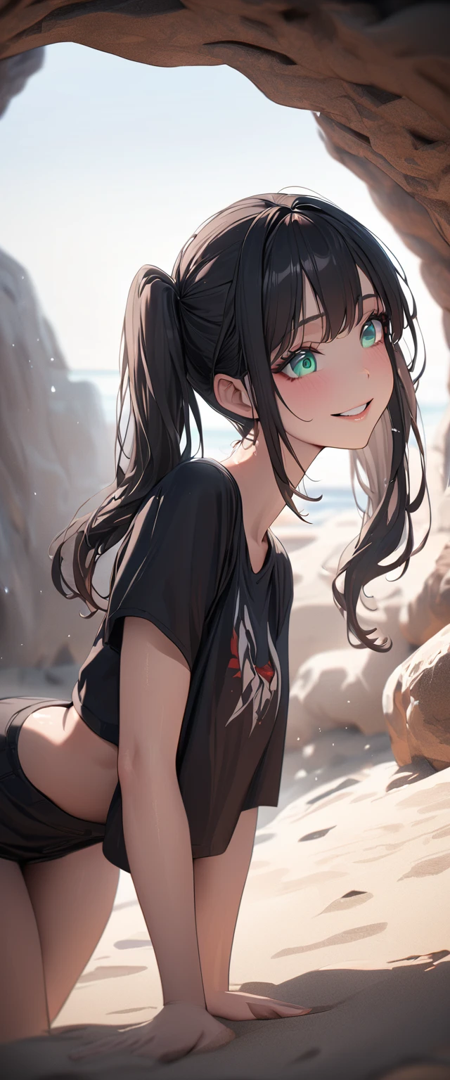 Photo of a girl with natural skin, ((Baby Face)), Grinning, Smiling, ((Head tilted forward)), From the side, Round face, A girl wearing mainly black and red, ((Upper Body)), Beach cave, The light is shining in, High Twintails, Black hair with red mesh, Sharp eyes with red eyeshadow, Blue-green eyes, Shining eyes, A thin, upturned nose, Well-shaped lips, ((crop top overhang, Short sleeve, Black clothes, Thighs, Glamour body)), Makeup, Exquisitely crafted with the utmost attention to detail, Vibrant, amazing, Smooth, Cinematic, 4K, Backlight, (()), Shallow depth of field, ((Detailed eyes:1.3, Detailed lips:1.3, high quality, )), masterpiece, Super detailed images, High quality