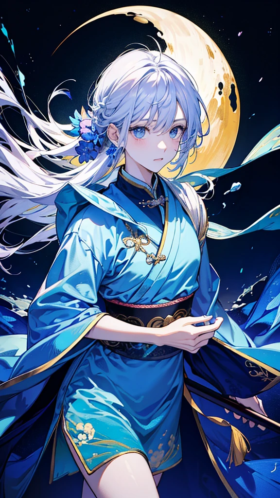 白銀の髪が風にDancing、A woman wearing a black kimono、A beautiful big round moon、A beautiful lake in the forest in the background、水滴がDancing、銀colorの髪飾りをしている、night、enamel,agate,肌colorの世界,Blood Blue Maiden 32k(masterpiece,Kilo,Aoyama Pond,Hyper HD,32K)Long, flowing silvery hair,Blood Pond,bloom, color,Sulky (Post Cock Scarf), Dancing, looking at the ground, Long white hair, Floating bright blue, Gold tiara with fire cloud pattern, 日本の着物の金絹の黒colorの衣服, (Abstract Metaverse Splash:1.2), White background,Peony flower, guardian of vitality(Realistically:1.4),明るい銀colorの髪,Smoke on the road,The background is pure, High resolution, detailed, RAW Photos, sharp, Nikon D850 film stock photo by Jefferies Lee 4 Kodak Portra 400 camera F1.6 shots, 豊かなcolor彩, Ultra-realistic vivid textures, Dramatic lighting, Unreal Engine Art Station Trends, Cinestia 800,A girl with long, flowing, bright silver hair,giant colorful bubbles、princess、kimono