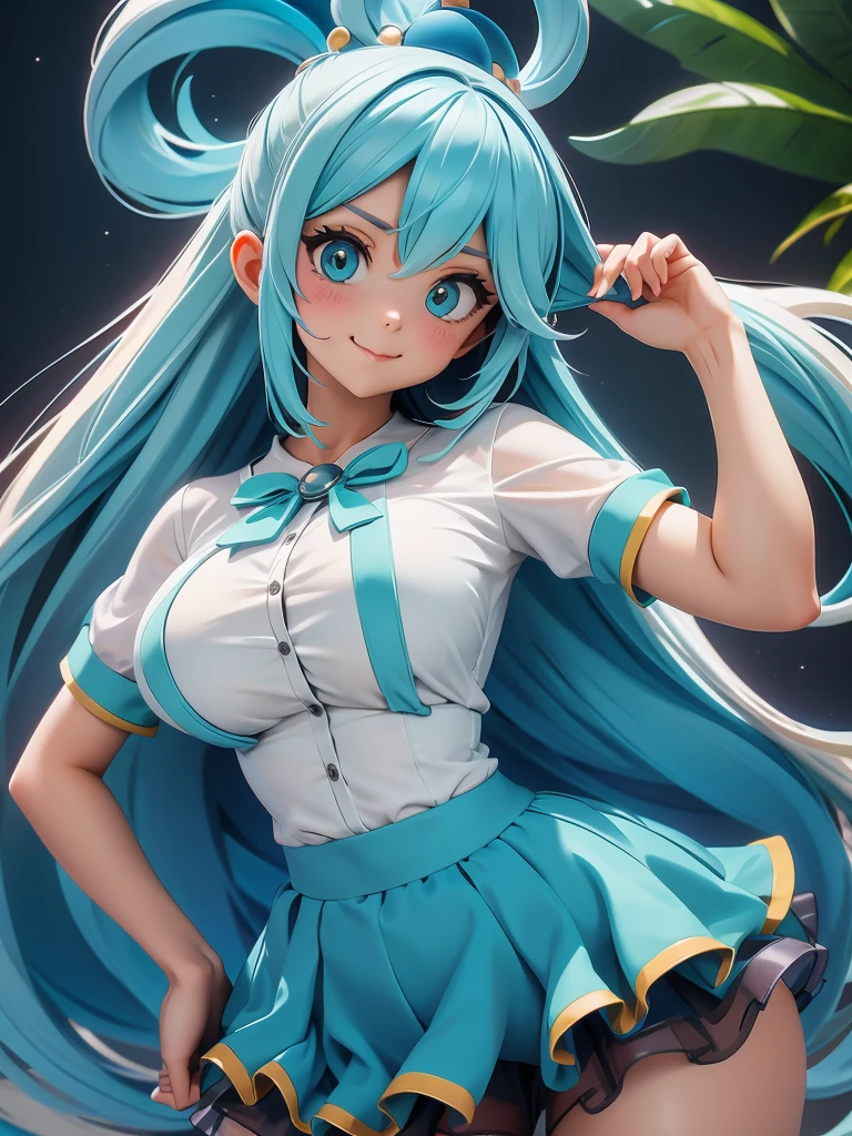 Aqua Konosuba, 1 woman,blue hair on head, (Turquoise high waist miniskirt:1.3),, (White shirt:1.3), (double-breasted,Under bust:1.2), Short sleeves,smile,,suspender,