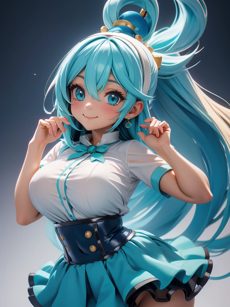 Aqua Konosuba, 1 woman,blue hair on head, (Turquoise high waist miniskirt:1.3),, (White shirt:1.3), (double-breasted,Under bust:1.2), Short sleeves,smile,,suspender,