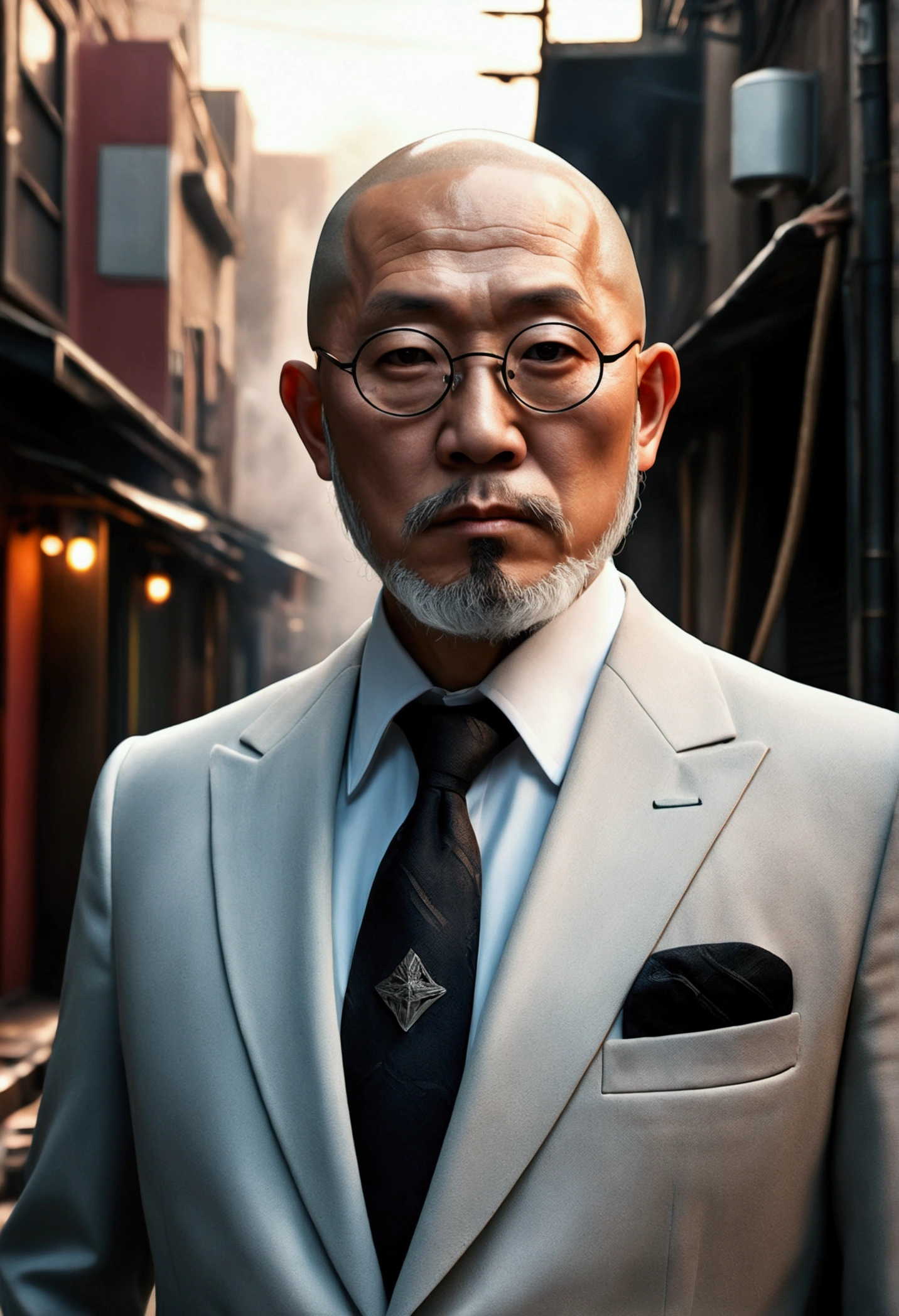 (Highest quality,4K,8k,High resolution,masterpiece:1.2),Very detailed,(Realistic,photoRealistic,photo-Realistic:1.37),anime,Skinhead,round face,Round Glasses,Middle-aged Asian man,White Beard,suit,black eye,Snake,Grainy cityscape,Dark Alley,Mysterious Shadow,Spectacular Background,Smoke effect,Vibrant colors,Concept Artist,Moody lighting,superpower