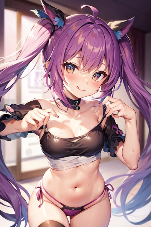 a smiling mischievous girl, sweat, tongue sticking out, long and cute pink twin tails, longeyelashes,cute expression,playful pose,anime style,vibrant colors,soft lighting,,cute