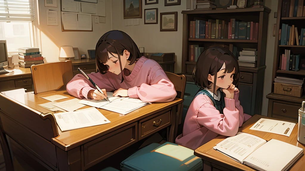 An animated scene of a young person studying diligently at a cluttered desk. The sleeping woman, with short brown hair and wearing a pink sweater, is writing in a notebook with intense focus, holding a pen in one hand and a piece of paper in their mouth. The desk is filled with books, papers, and a desk lamp, and a calendar is visible on the wall behind. Shelves filled with more books and various items can be seen in the background, creating a studious and hardworking atmosphere.