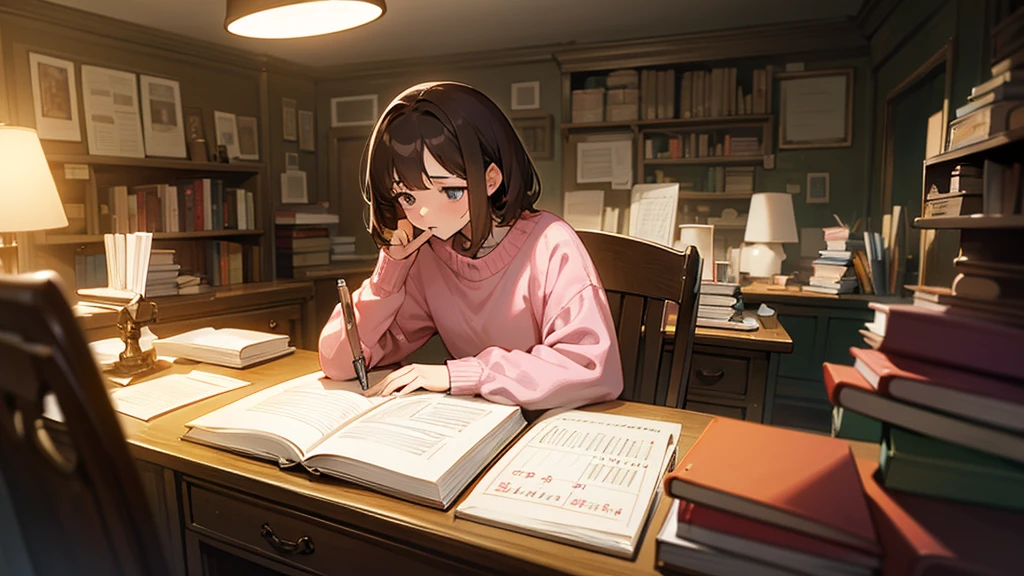 An animated scene of a young person studying diligently at a cluttered desk. The sleeping woman, with short brown hair and wearing a pink sweater, is writing in a notebook with intense focus, holding a pen in one hand and a piece of paper in their mouth. The desk is filled with books, papers, and a desk lamp, and a calendar is visible on the wall behind. Shelves filled with more books and various items can be seen in the background, creating a studious and hardworking atmosphere.