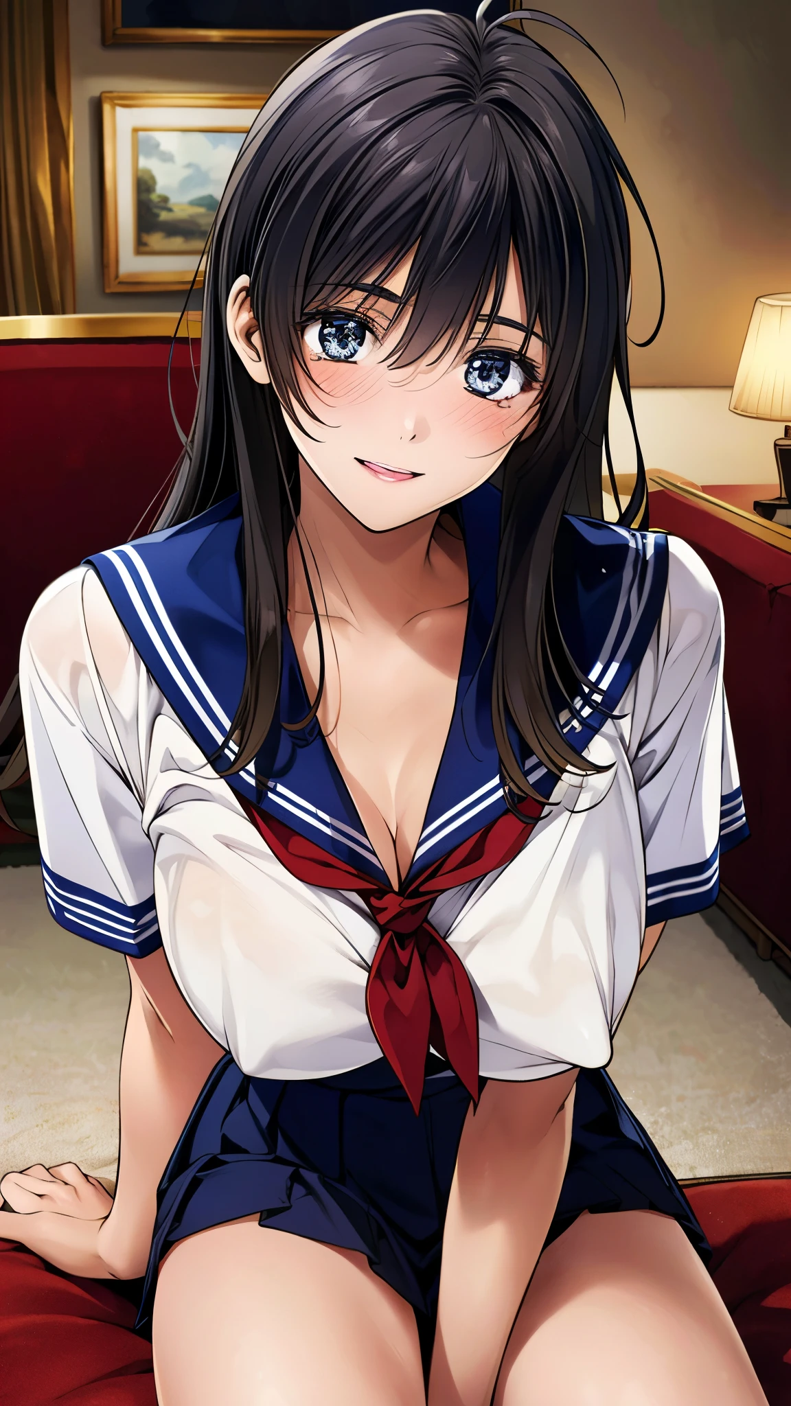 (masterpiece:1.2, top-quality, ultra high res, ultra detailed), (realistic, photorealistic:1.2), beautiful illustration, perfect lighting, natural lighting, colorful, depth of fields, nsfw, vulgality, 
beautiful detailed hair, extremely detailed face, beautiful detailed eyes, beautiful clavicle, beautiful body, beautiful chest, beautiful thigh, beautiful legs, beautiful fingers, 
looking at viewer, 1 girl, kitamurakaori, (perfect anatomy, anatomically correct, super detailed skin), cute and symmetrical face, 
perfect face, perfect eyes, perfect body, perfect fingers, (skindentation), white skin, shiny skin,  
(long hair, straight hair, messy hair:0.6, black hair), swept bangs, blue eyes, drooping eyes, long eyelashes, (large breasts, seductive thighs), slender, outstanding style, 
short sleeve, blue sailor suit, pleated skirt, red sailor scarf, 
(beautiful scenery), evening, (living room:1.2), sitting sofa, (smile, parted lips), 
